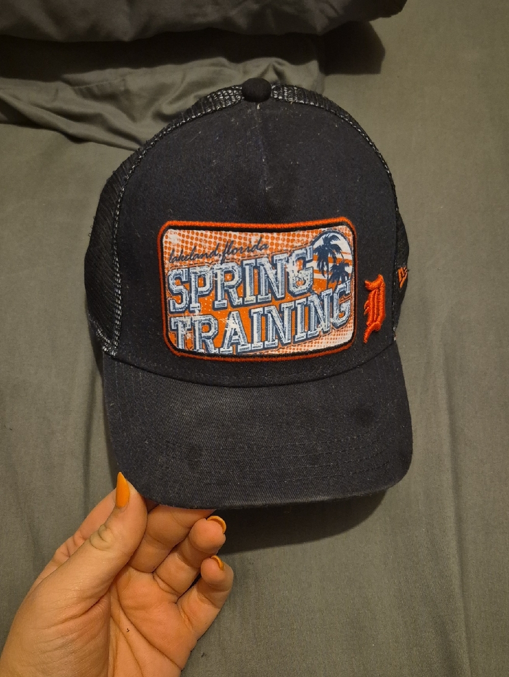 Spring Training Embroidered Trucker Hat - Dark Navy Blue with Orange Detail